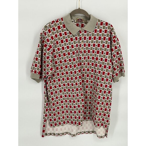 Barnfly Authentic Design Mens Polo Shirt M Red & Khaki Checkered Pattern - Picture 2 of 7